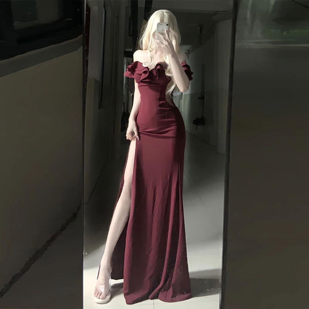Niche Red Temperament One-word Shoulder Dress Host Evening Dress Women's New High-end