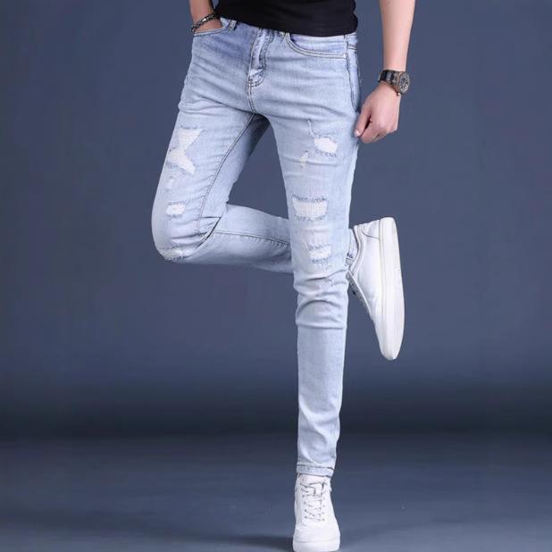 JYL Men's Cropped Jeans Summer Light Ripped Korean Slim Stretch Casual Denim Pants