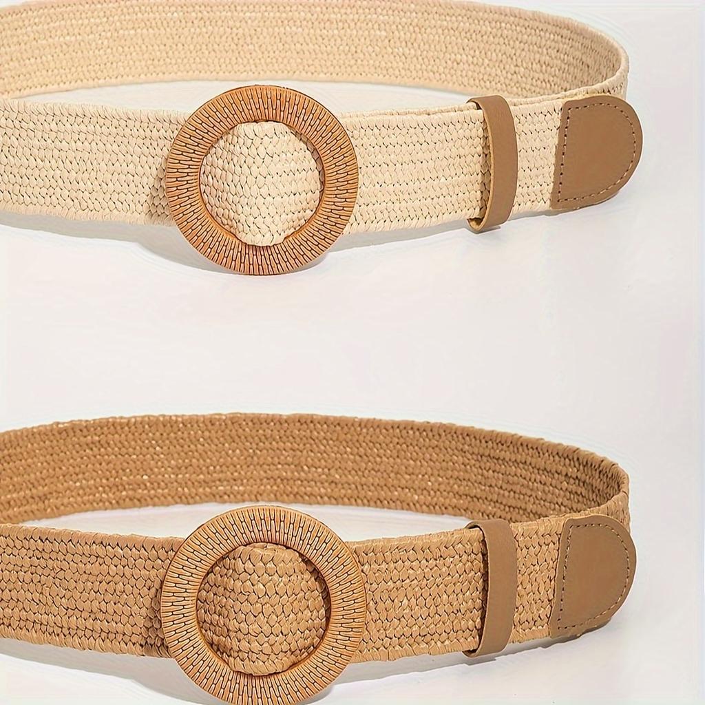2pcs Boho Brown Straw Belts Classic Round Buckle Wide Belts Elegant Summer Beach Waistbands For Women Daily Use