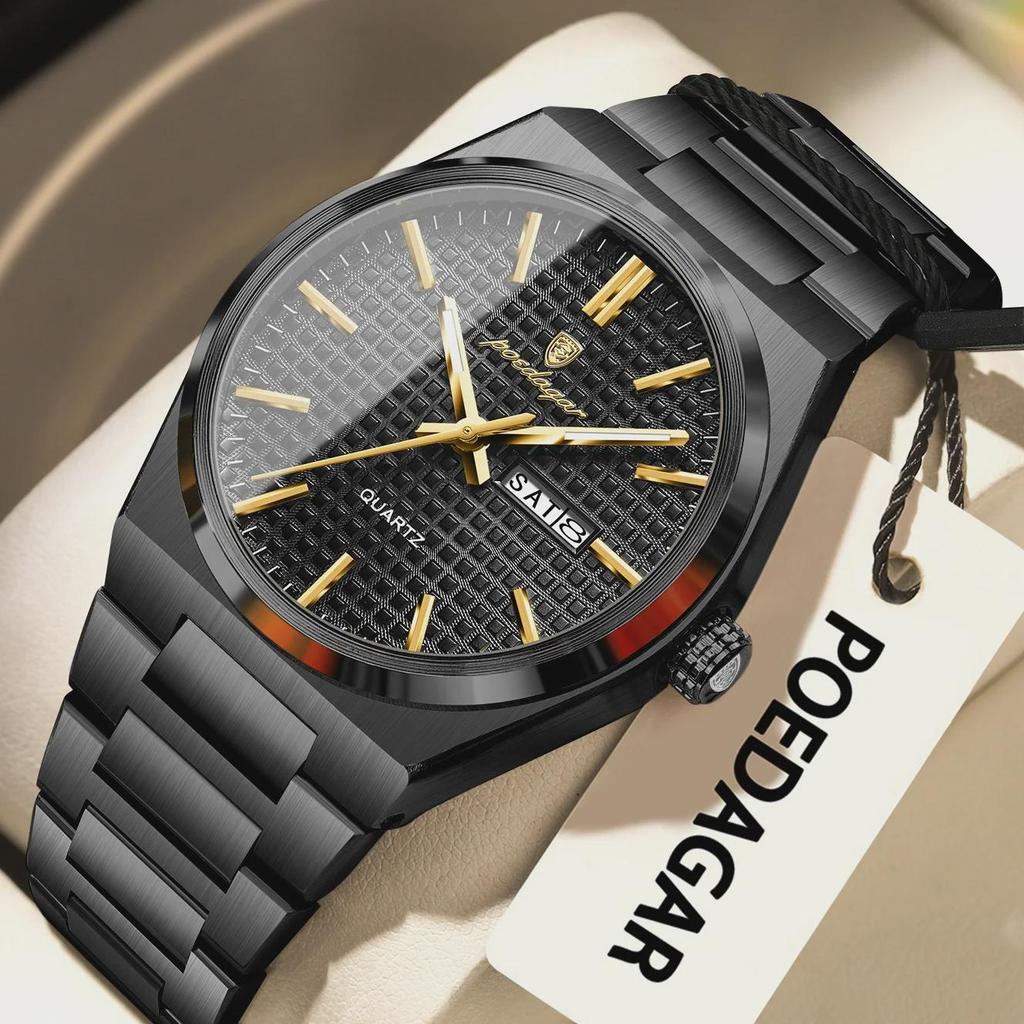 POEDAGAR Luxury Men Watch Date Week Waterproof Luminous Stainless Steel Watch For Man Casual Quartz Men's Watches