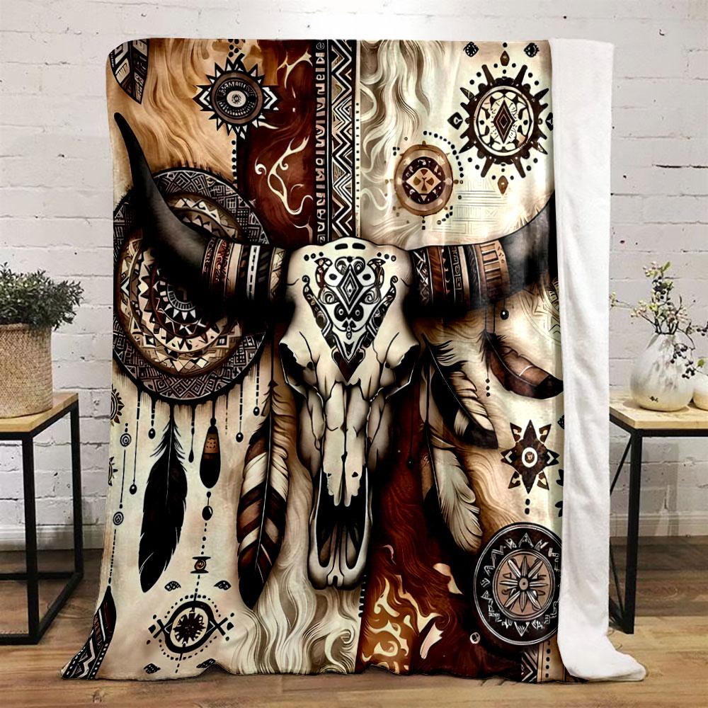 Bohemian Cow Skull Blanket Bedroom Blanket for Livingroom Couch Lunch Break Soft Throw for Friend's Festival Gift