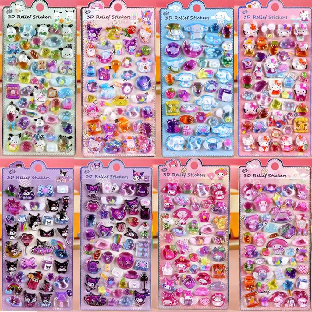 1/8Pcs 3D Relief Stickers Sanrio Hello Kitty Kuromi Cute Cartoon Crystal Sticker Handmade Diy Hand Decals Gifts