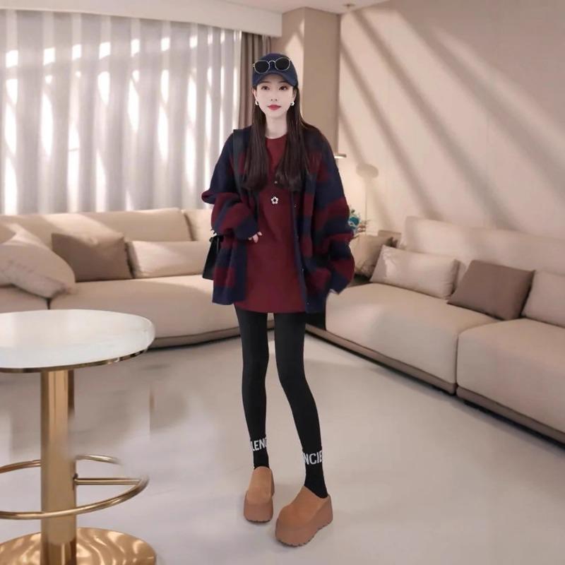 Large size autumn and winter new loose retro lazy style color matching striped sweater knitted cardigan jacket female trend