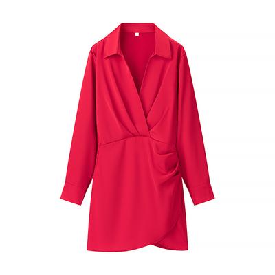 Women's Clothing, New Summer Products, European and American Style, Sexy Temperament, Light and Familiar Side Wrinkled V-neck Long-sleeved Dress