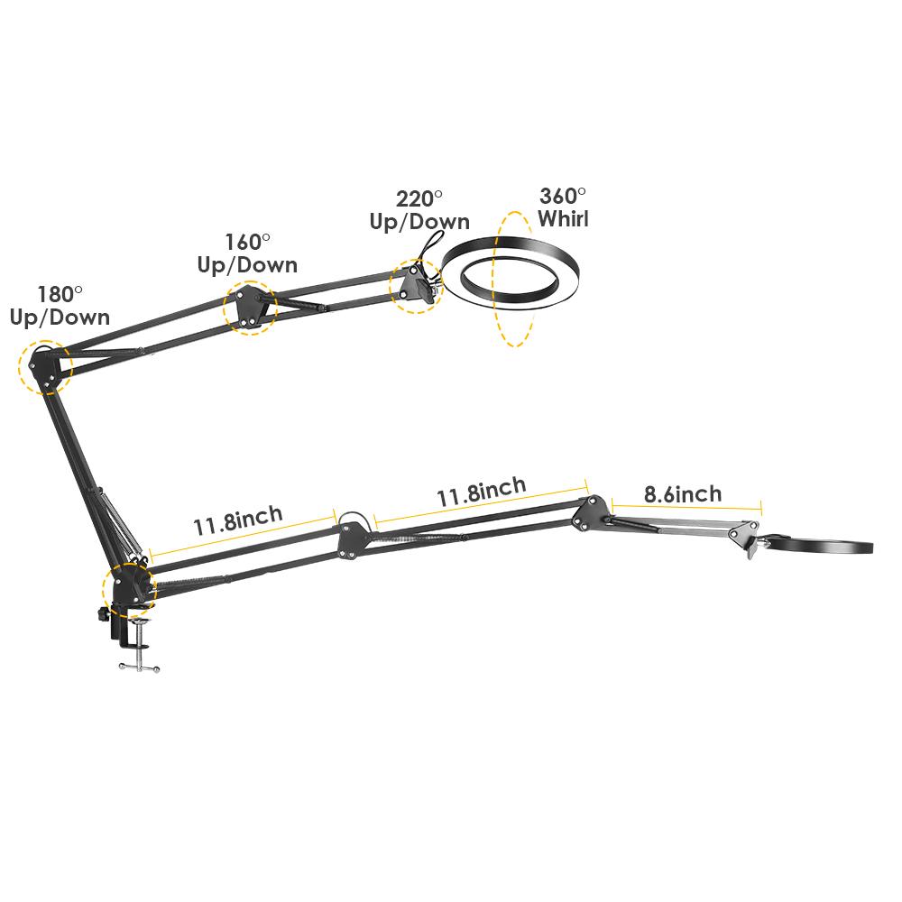 New Three-stage Magnifying Glass with Adjustable Angle, Light and Extended Arm. Enlarge Reading. Three Color Lighting Adjustment