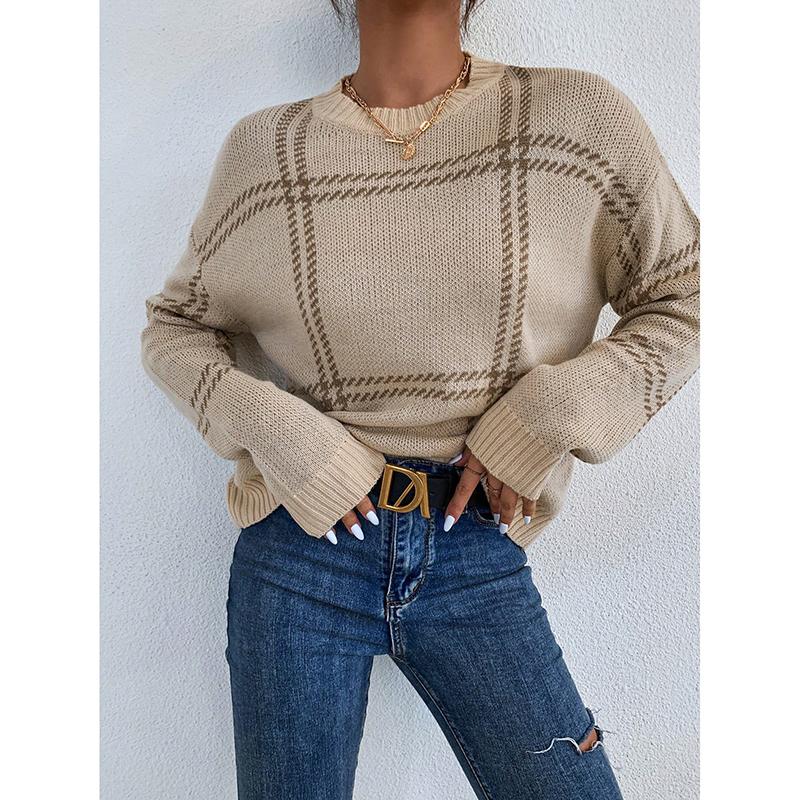 

Fashion Loose Beige Stripe Women s Sweater Winter O-Neck Long Sleeve Sweater Casual Loose Warm Top Female Clothing L бежевый