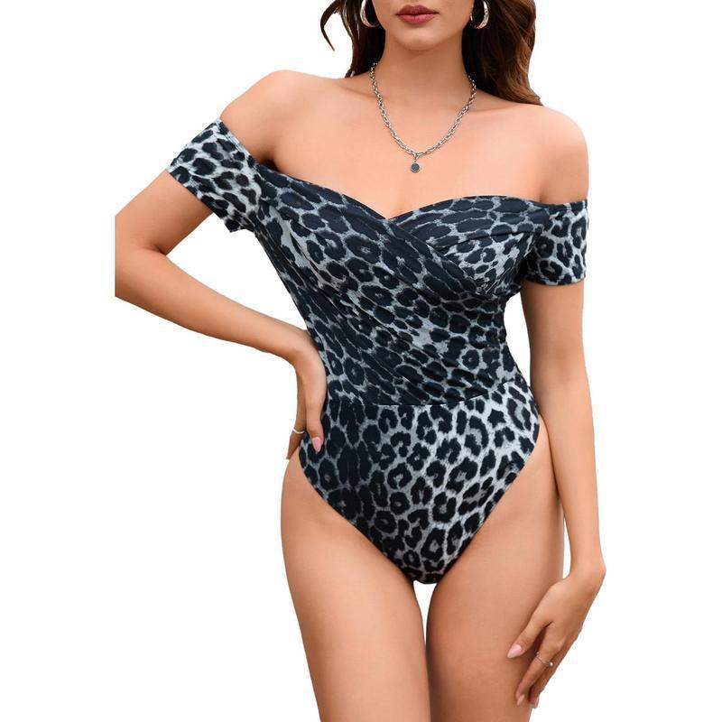 Women's Leopard Print Short Sleeve Tight-Fit Bodysuit