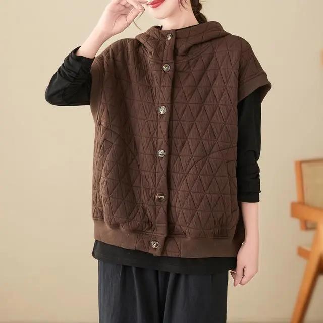 Podzim Zima Bez rukávů Vesta Bundy Dámská Korejská Volná S kapucí Jednobarevný Kabát Vesta Dámská Ležérní Dámská Vesta Topy