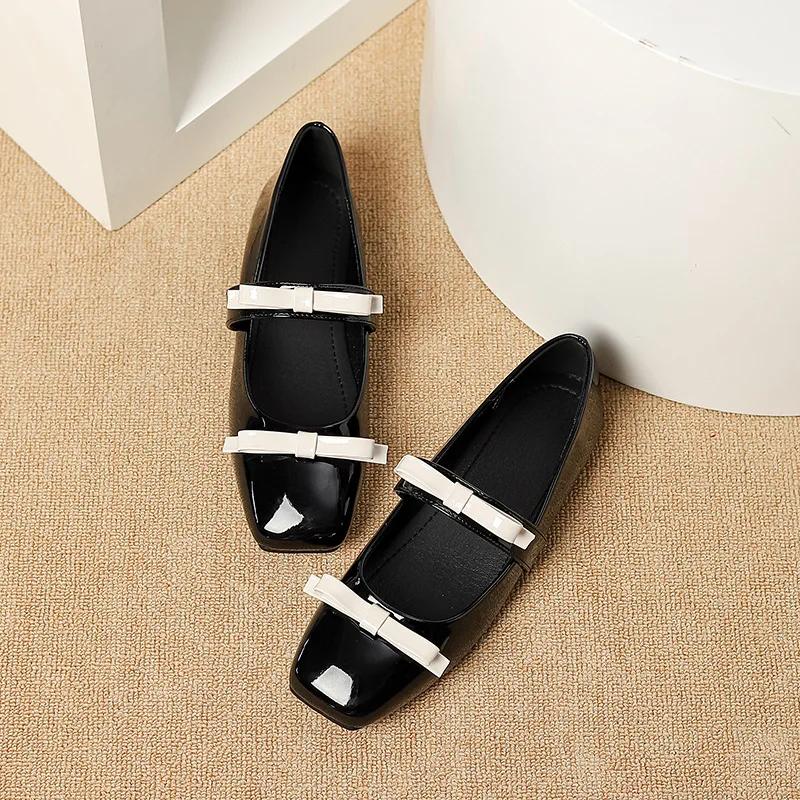 PU Leather Bow Tie Shoes Women Black Flats Mary Janes Shoes Ladies Elegant Square Toe Spring Autumn Silver Loafers New