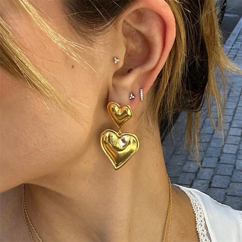 Double Heart Shaped Earrings For Women, Gold Plated, Smooth Metal Jewelry, Luxury Party Gift, Trendy