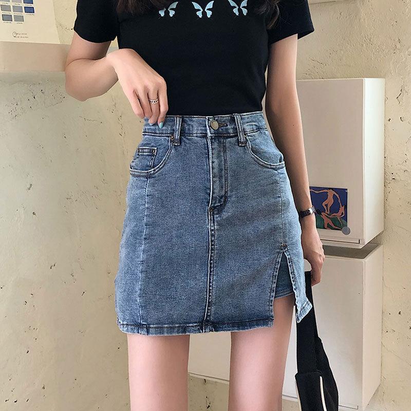 Unique Classic Versatile Youthful Design Split Skirt Slim Black Stretch High-Waisted Halter Package Hip A-word Ladies Summer Fashion Denim Short Skirt