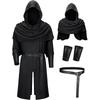 Mittelalterliches Vintage-Umhang mit langer Kapuze, gefaltetes Schal-Handgelenkschützer und Taillengürtel-Set, Retro-Zauberer Halloween Cosplay Kostüm