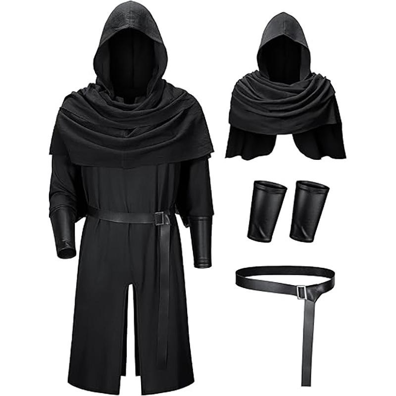 Mittelalterliches Vintage-Umhang mit langer Kapuze, gefaltetes Schal-Handgelenkschützer und Taillengürtel-Set, Retro-Zauberer Halloween Cosplay Kostüm