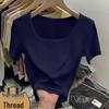 2026 European Style Women's Fashion: Solid Color Ribbed Square Neck Slim Fit Short Sleeve Top