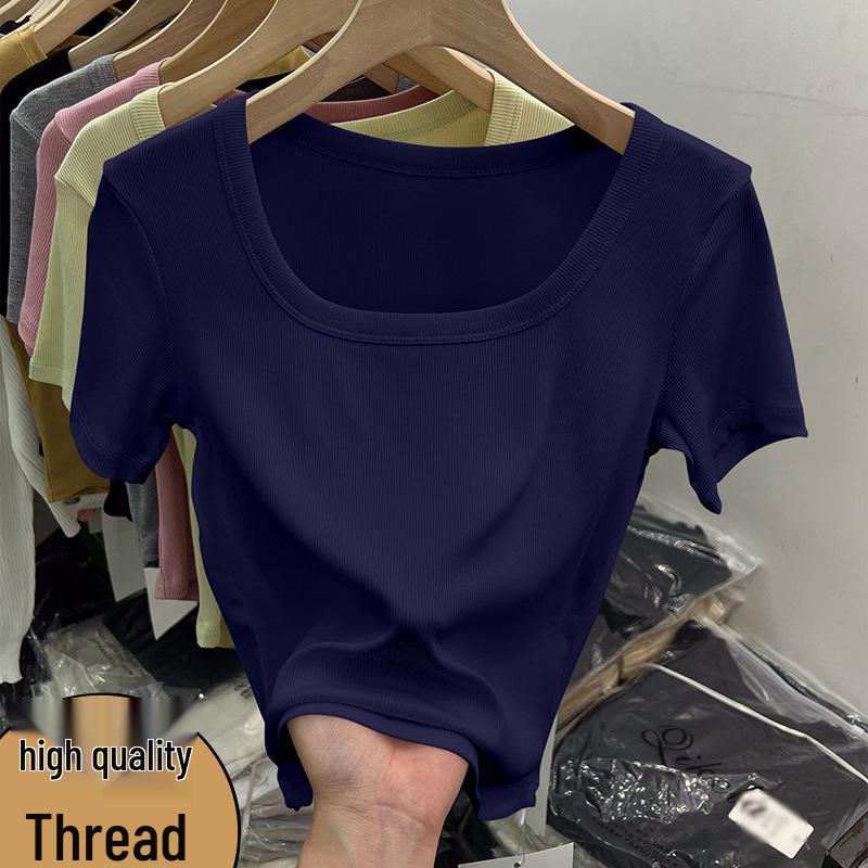 2026 European Style Women's Fashion: Solid Color Ribbed Square Neck Slim Fit Short Sleeve Top