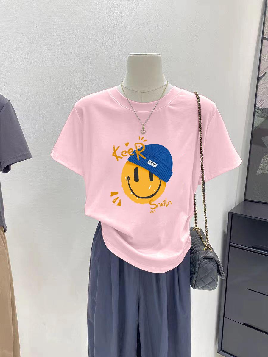 

Женская летняя тонкая футболка из хлопка с коротким рукавом и принтом смайлика на плече, новая коллекция 2025, модный свободный тонкий белый топ S