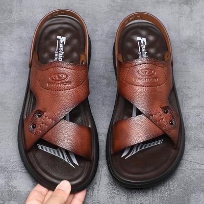 Men's Sandals 2025 New Summer Leather Soft-soled Non-slip Beach Shoes Large Size Casual Wear Cool Slippers