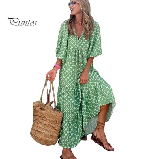 

Летнее женское платье с V-образным вырезом и рукавами-пузырьками три четверти с геометрическим принтом, свободное лоскутное платье трапециевидной формы с большим подолом, струящееся пляжное платье миди на весенние каникулы M светло-зеленый