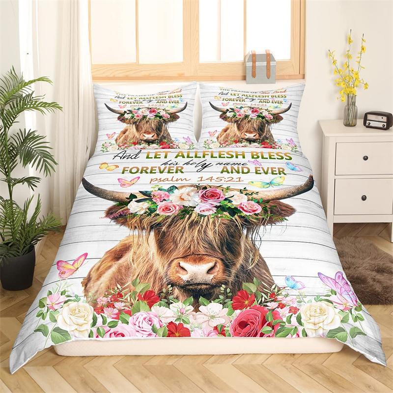 Highland Cow Duvet Cover Western Farm Animal Bedding Set Full King For Boys Girls Microfiber Floral Bull Cattle Comforter Cover