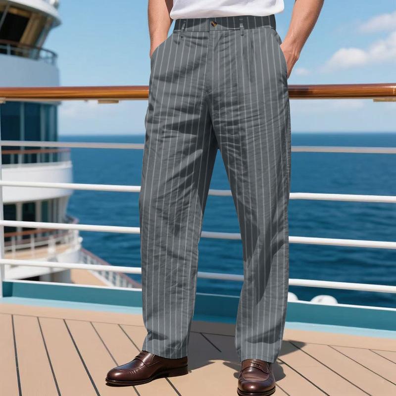 Men's Linen-Blend Relaxed Fit Breathable Casual Trousers with Vertical Stripes and Straight Leg Design