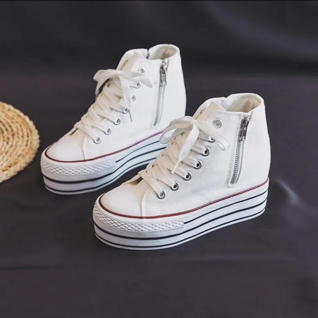 

Женские парусиновые туфли на плоской подошве Новые весенне-осенние двусторонние кроссовки на платформе с молнией в корейском стиле 40 белый