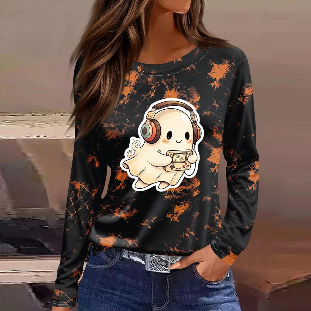 Women's Long Sleeve Round Neck Top with Halloween Print and Side Slit Hem