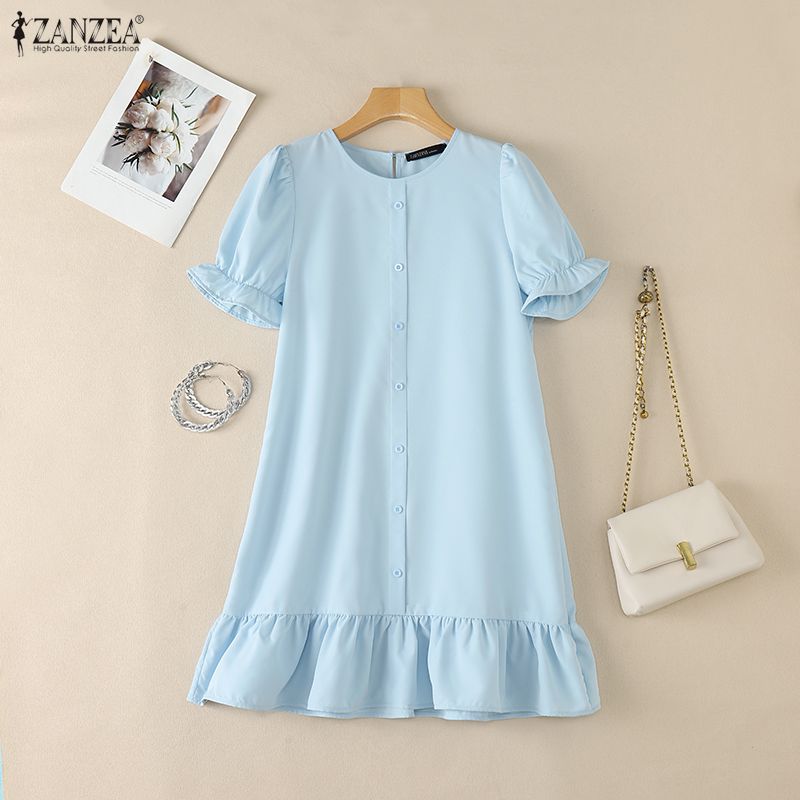 ZANZEA Abito casual da donna a maniche corte con scollo tondo tinta unita
