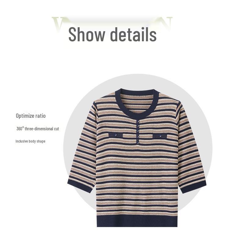 Elegant Korean-Style Striped Knitwear T-Shirt for Women, Plus Size, Loose Fit, Five-Sleeve, Perfect for Middle-Aged & Elderly, Spring Wear.