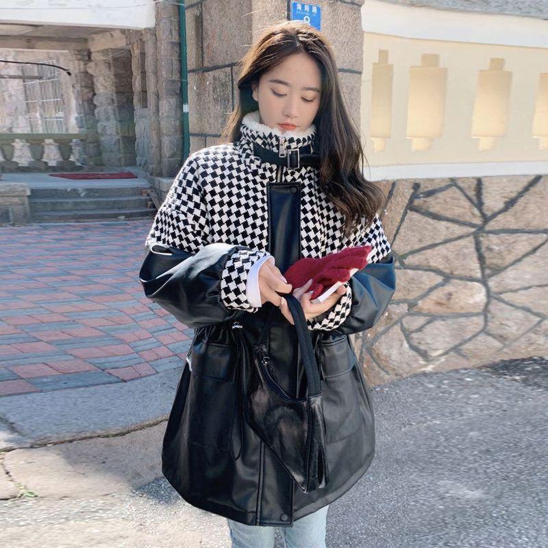 

Fleece thickened leather jacket women s checkerboard splicing winter loose medium and long cotton-padded jacket tide S wears 80 to 50 kg чёрный