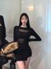 Pure Desire Spice Girl Mesh Splicing Long-sleeved Dress for Women's Autumn and Winter Bottoming, Waist and Thin Buttocks Short Skirt