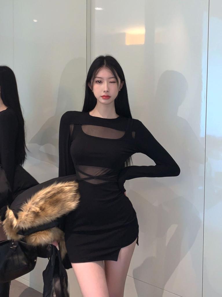 Pure Desire Spice Girl Mesh Splicing Long-sleeved Dress for Women's Autumn and Winter Bottoming, Waist and Thin Buttocks Short Skirt