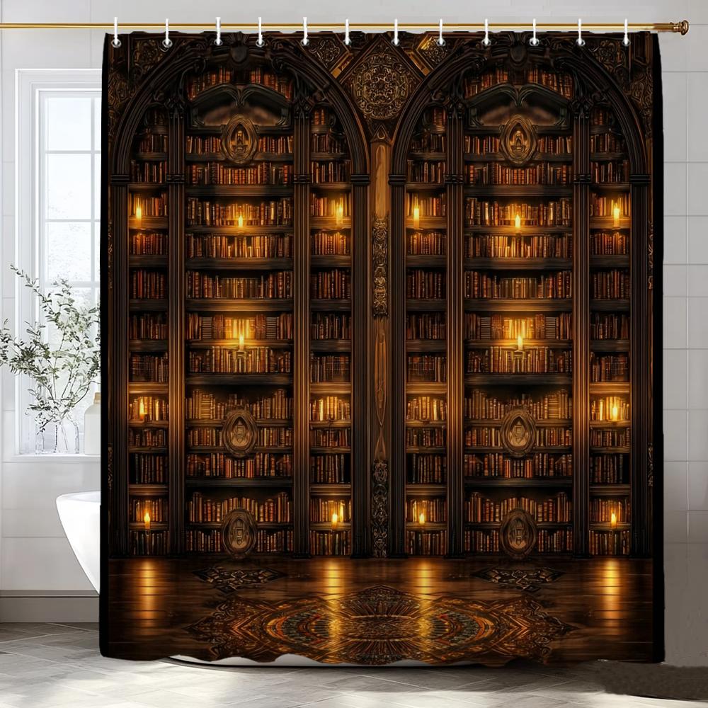 1pc Vintage Library Shower Curtain Old Book Bookshelf Candles Home Polyester Fabric Bathroom Decorative Home Curtain With Hooks