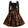 Women's Vintage Long Sleeve Square Neck Dress with Halloween Print for Party Evening Wear