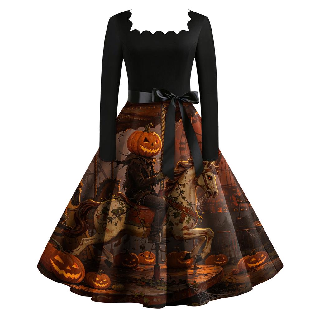 Women's Vintage Long Sleeve Square Neck Dress with Halloween Print for Party Evening Wear