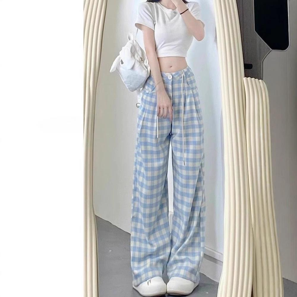 Inward Hem Blue Plaid Women's Wide-Leg Pants - Plus Size Loose Fit for Spring/Summer