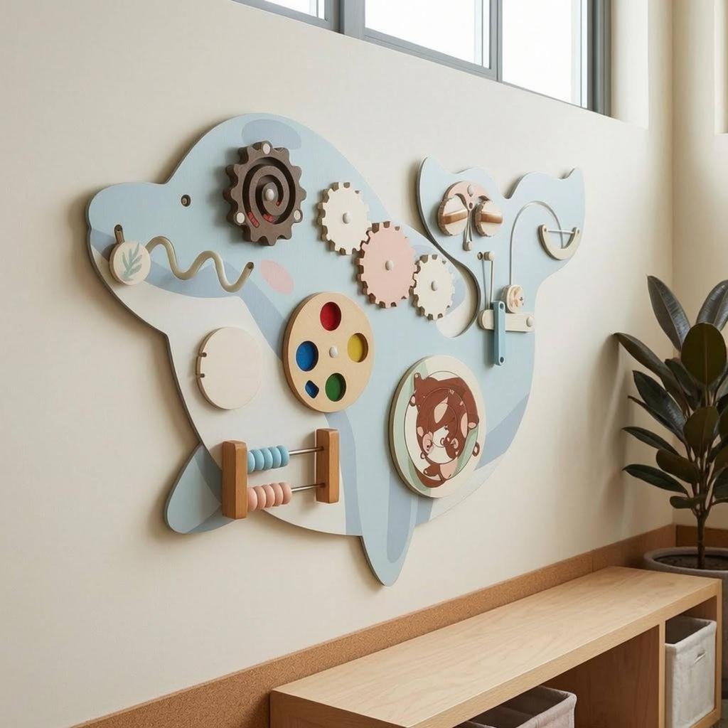Dolphin Wall Board Light Blue and White Wooden Activity Panel Bead Maze