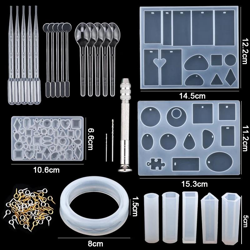 Resin Molds Silicone Kit with Epoxy Resin Supplies Dried Flowers Earring Hooks Foil Flakes Necklace Cord for DIY Jewelry Making