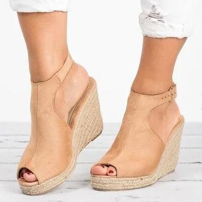Foreign Trade Large Size Women's High-heeled Sandals Thick-soled Wedge Heel Fish Mouth Hemp Rope One-word Buckle Suede Roman Sandals