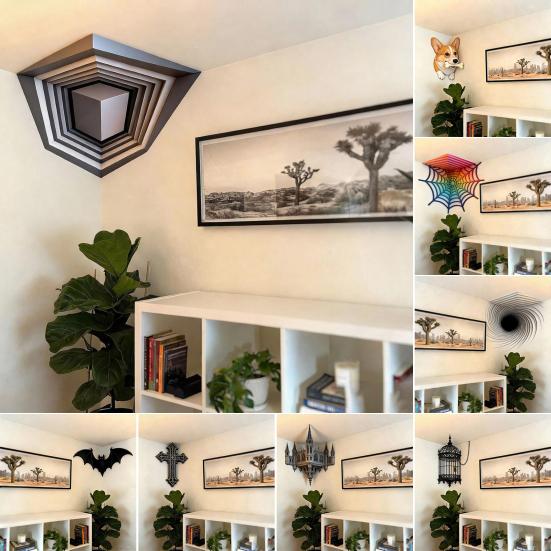 3D Corner Wall Art Optical Illusion Corner Wall Decal Large Abstract Removable Peel And Stick Wall Decal for Living Room Office Decor