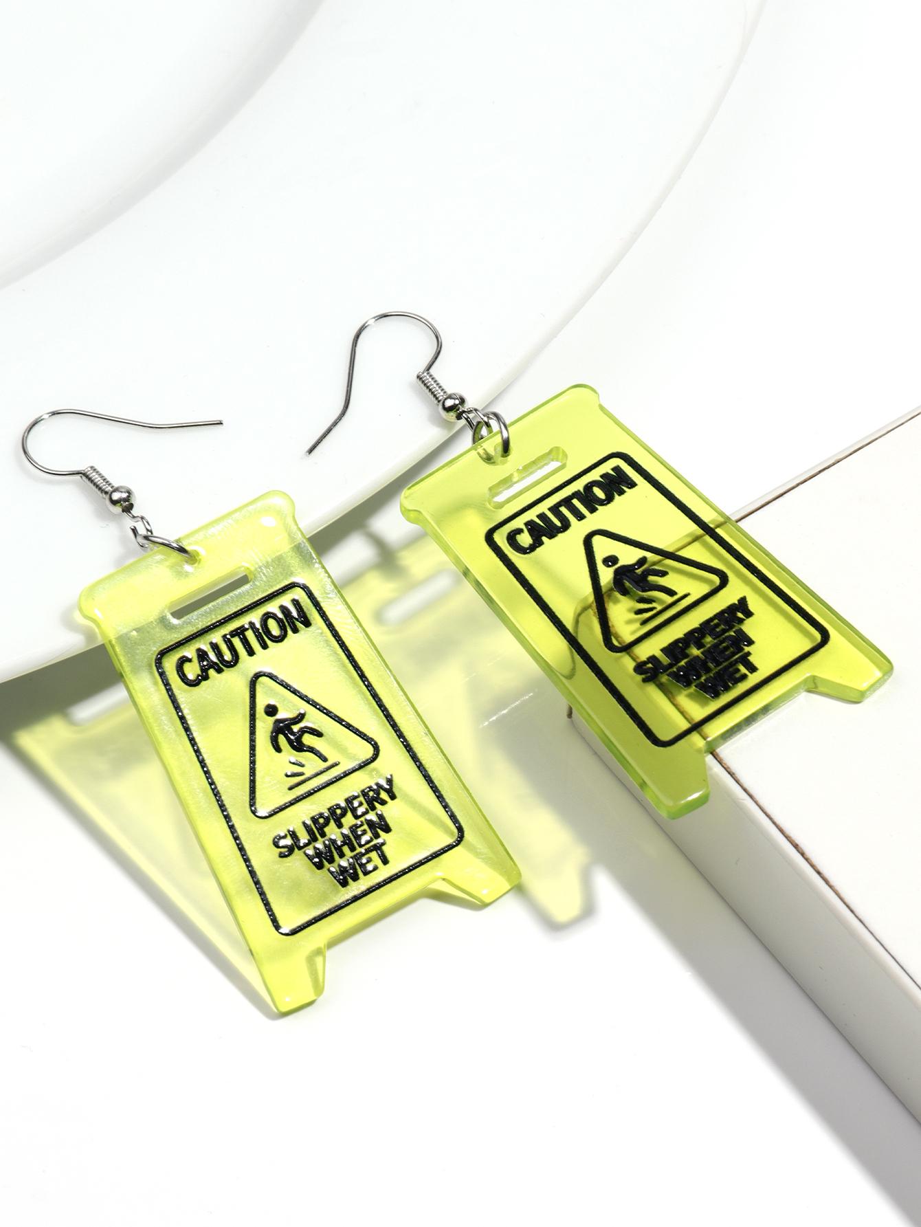 Creative Slippery Floor Caution SLIPPERY WHEN WET Sign Acrylic Pendant Earrings for Women Funny Cute Neon Color Jewelry Gifts