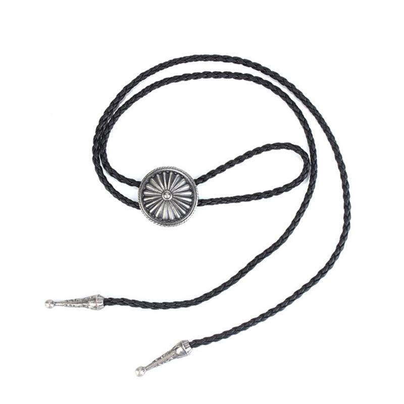 Mens Bolo Tie Necktie Faux Leather Braided Rope Necklace with Metal Round Flower Pendant Jewelry Cowboy Hat Accessories
