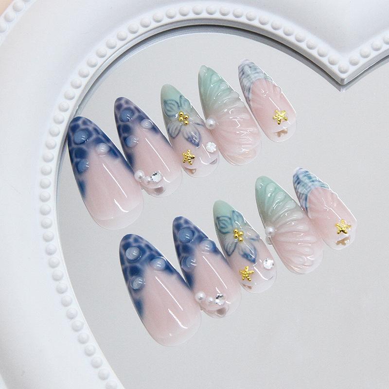 Three-dimensional Retro Blue Bubble Flash  Pearl Gradual Change Starfish Temperament Removable Manicure 24 Pieces
