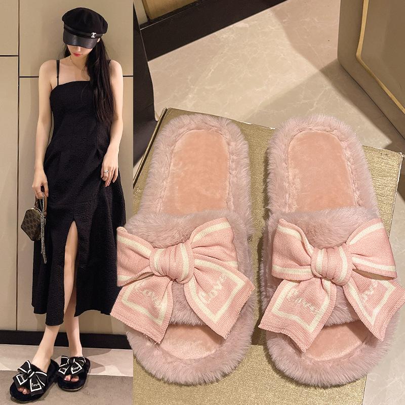 Fashion Casual Fluffy Slippers Women House Flats Fashion Winter Bowknot Love Designer Shoes Ladies Home Plush Platform Elegant Footwear