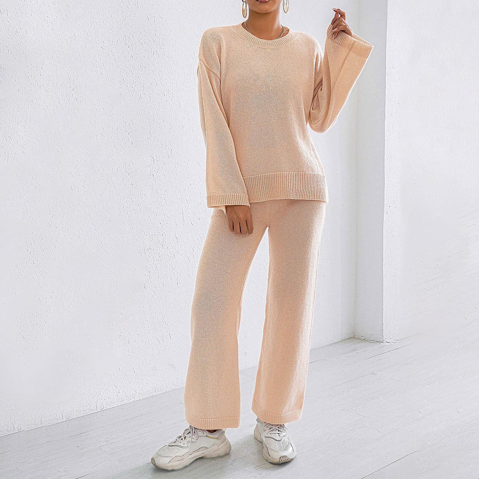 

Домашний Комплект Свободный Удобный Повседневный Однотонный Топ с Длинным Рукавом Пуловер Свитер Женские Прямые Брюки с Широкими Штанинами Костюм из Двух Предметов XL бежевый