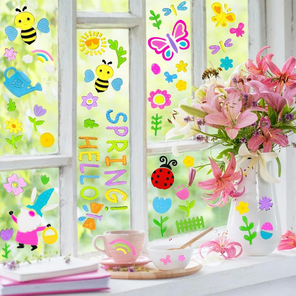 6 Sheets Spring Gel Window Clings,Hello Springs, Flowers, Butterfly Bees, Birds for Spring Decorations, Easter Window Clings Holiday Party