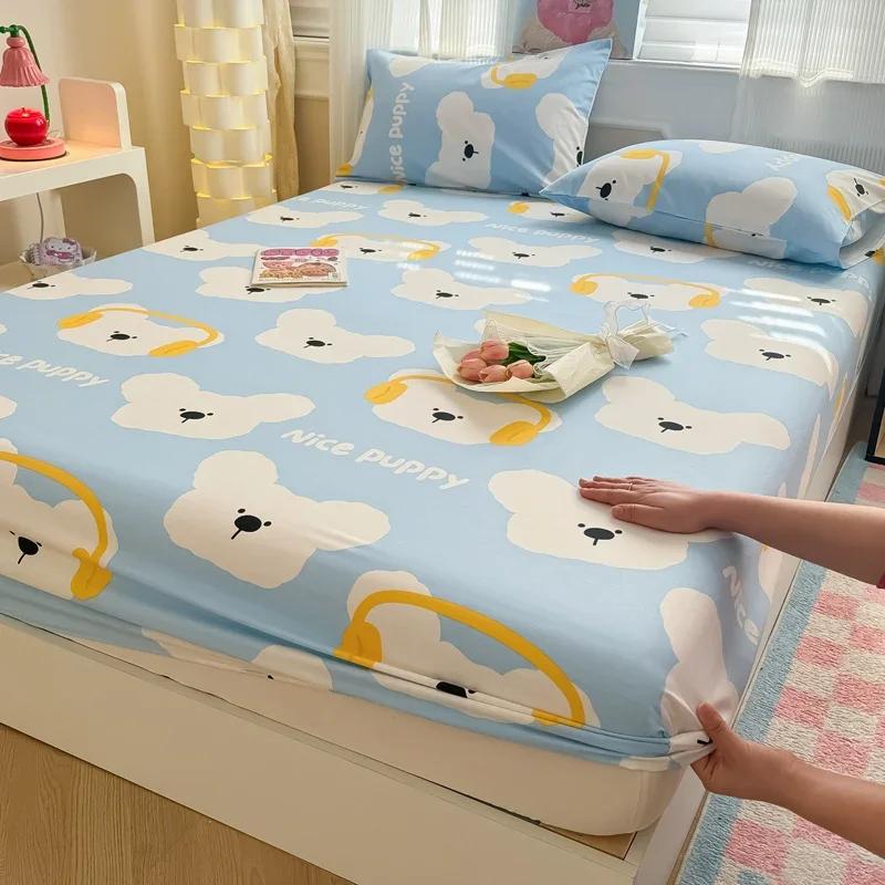 1 Pc 100%Cotton Bed Sheet Cartoon Fish Printed Fitted Sheet with Elastic Band Single/Queen/King Pure Cotton Bed Botton Sheets