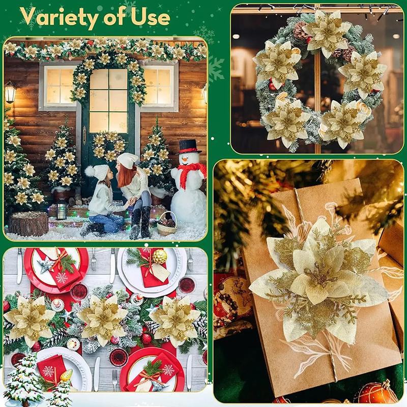 10Pcs/Pack Christmas Flowers Sparkling 14CM with Clips Xmas DIY Glitter Poinsettia Wreath