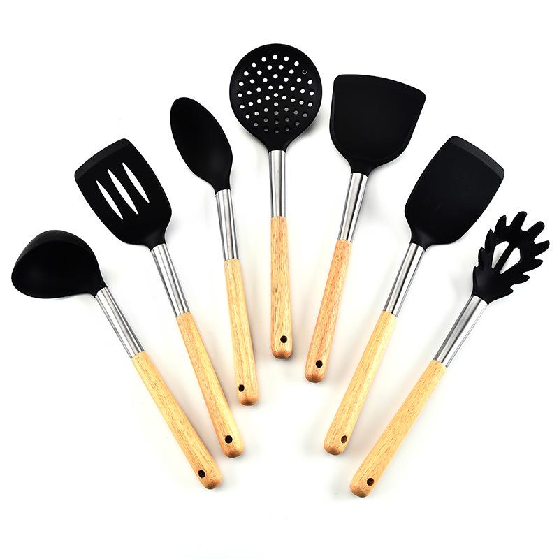 Durable Wooden Handle Silicone Kitchenware 7-Piece Set: Non-Stick Spatula & Spoon