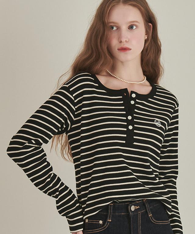 RONRON Henryneck Long Sleeve Ecru Black Stripe