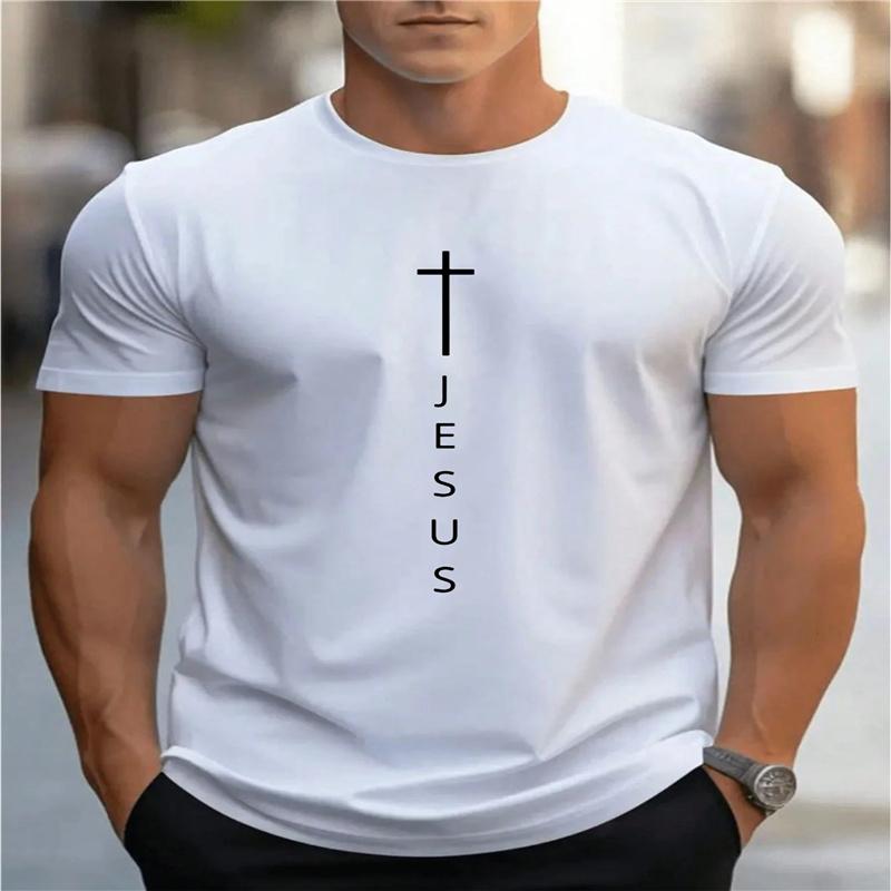 Unisexs Summer 100 Cotton Fashionable Casual Loose Large Cross and Jesus Letter Printed Sports Round Neck Short Sleeve Tshirt Top